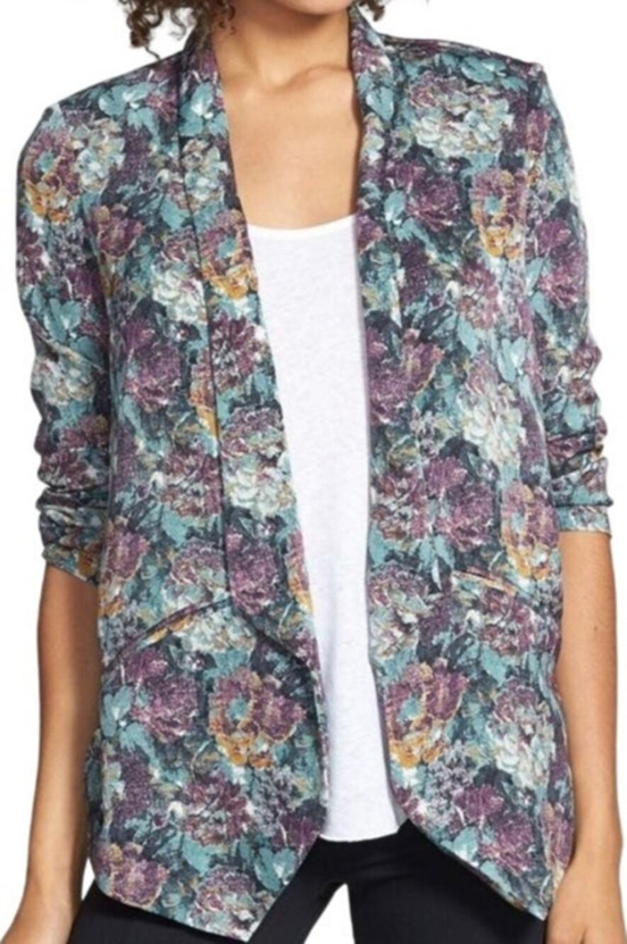 ASTR The Label Drape Front Blazer Longline Gem Toned Floral Green Purple Xsmall